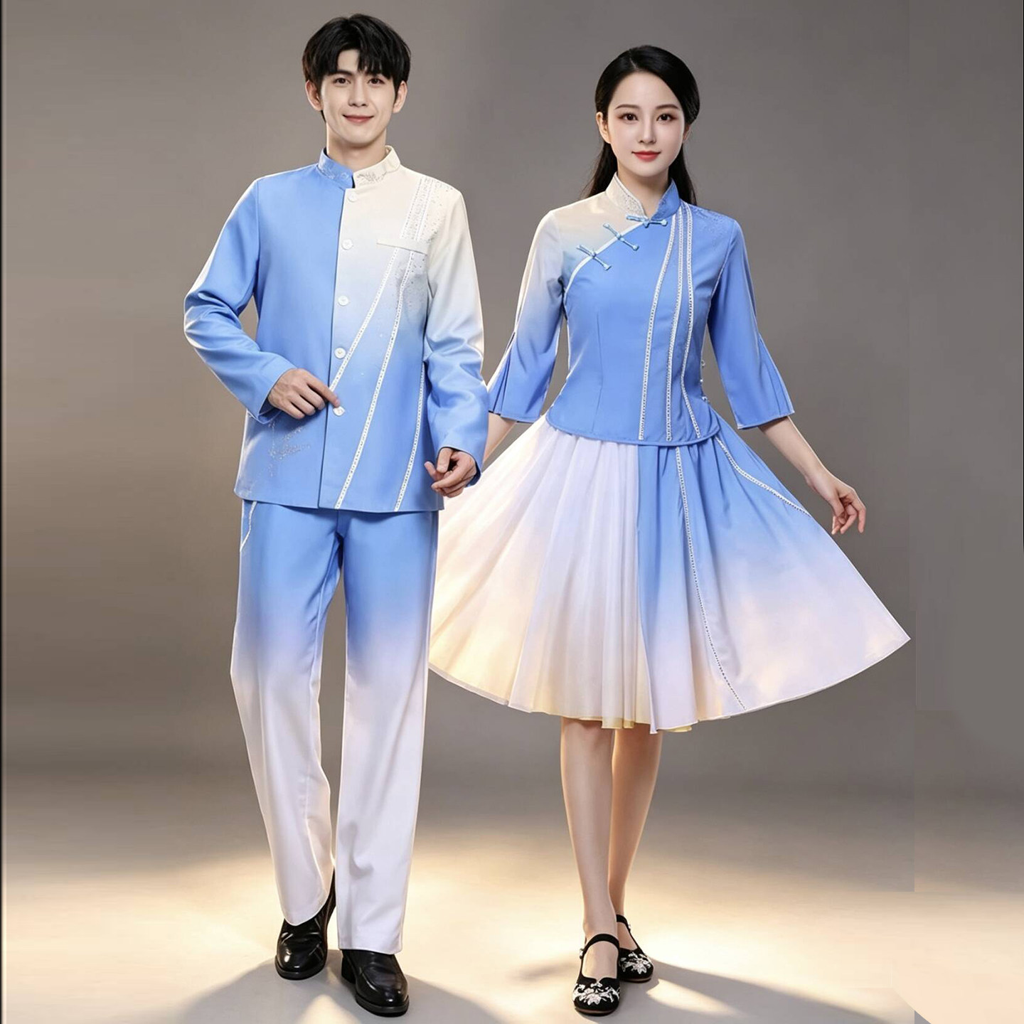 大合唱演出服主持人朗诵服装蓝白