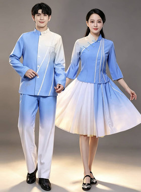 大合唱演出服主持人朗诵服装蓝白