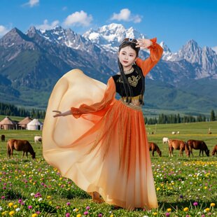 女童新疆舞蹈演出服维族大摆裙女维吾尔少数民族舞蹈裙艺考练习裙