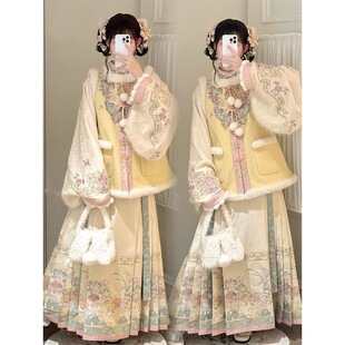 春节新年战袍穿搭服装改良秋冬款明制汉服女装立领琵琶加绒棉套装