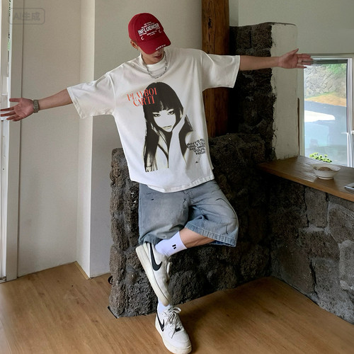 潮牌栗山千明男士人像印花短袖