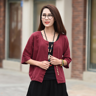 女式外套外衣短袖立领2022春夏复古文艺范棉麻开衫休闲百搭衬衣