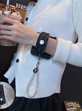 灰色腕带适用华为p50pocket手机壳折叠屏oppofindn3/n2flip珍珠手链vivoxflip三星zflip5/4/6防摔小米MIXflip