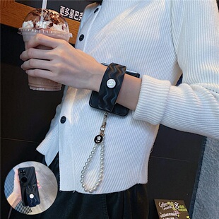 灰色腕带适用华为p50pocket手机壳折叠屏oppofindn3/n2flip珍珠手链vivoxflip三星zflip5/4/6防摔小米MIXflip