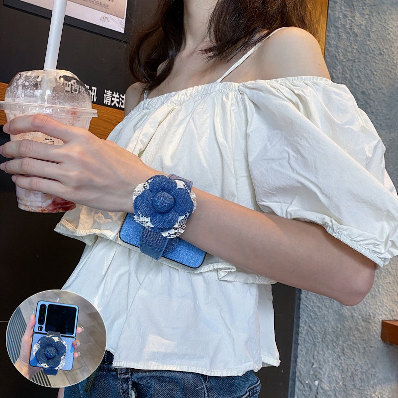 蕾丝牛仔山茶花腕带适用小米mixflip手机壳小折叠屏w25三星zflip6保护套5硬壳4摩托罗拉Razr60pro女50ultra40