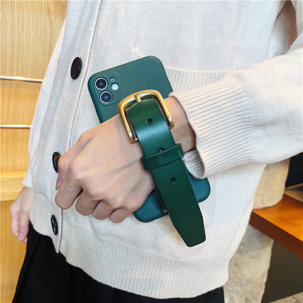 李晟戚薇同款适用苹果16手机壳15pro防摔iphone17promax真皮腕带12潮个性11牛皮层xsmax墨绿13mini高端14plus