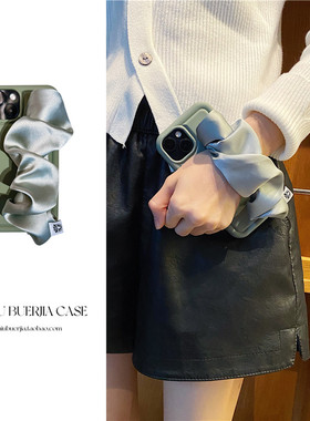 铜绿色创意弹力褶皱腕带适用iphone17手机壳15promax气囊防摔14松紧皮筋丝绸13手提带11新款12女16潮7/8plus