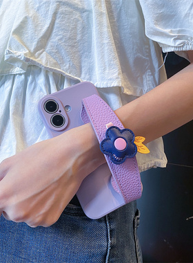 原创紫色皮质小花朵适用iphone17手机壳苹果16promax手腕带14plus防摔13mini保护套12硅胶11支架xsmax女款15