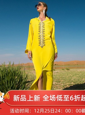 BA7059亮黄色手缝钻拼接金织带连衣裙 穆斯林中东摩洛哥女装