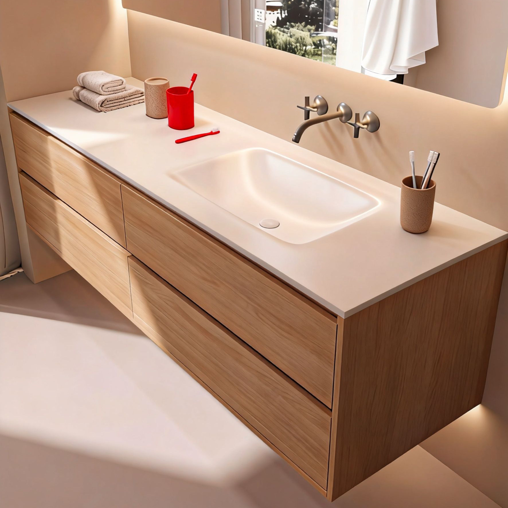 兔宝宝板材极简原木色浴室柜组合岩板热弯一体盆洗漱台洗脸盆定制