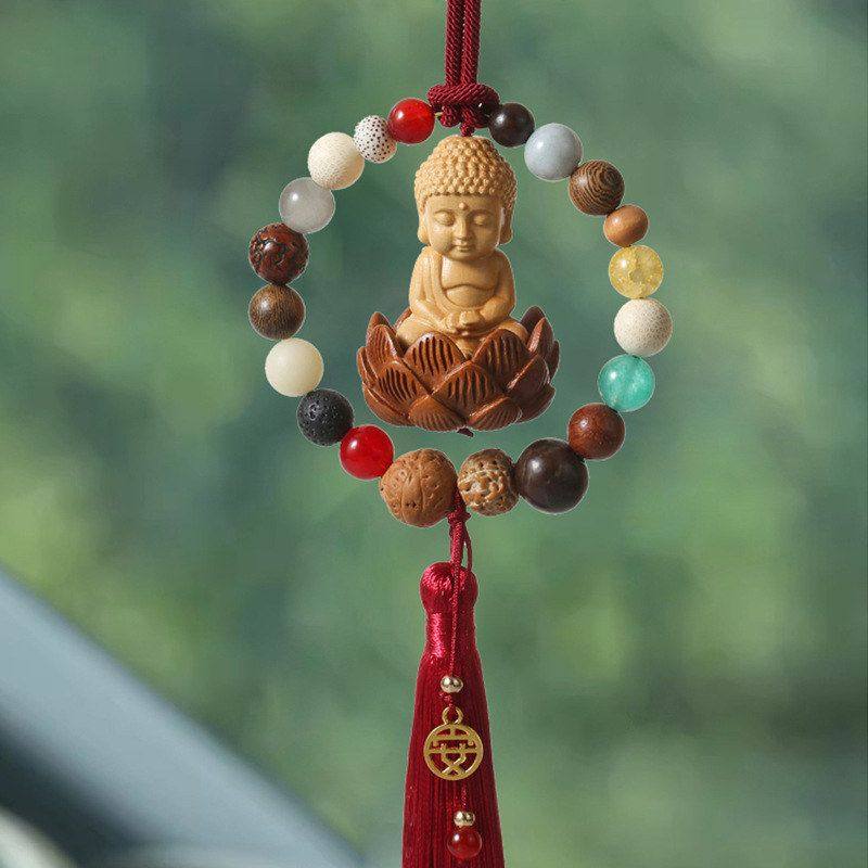 汽车挂件车内吊饰车载后视镜保平安十八籽菩提桃木莲花观音佛装饰