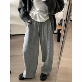 拖地裤 女宽松百搭松紧高腰直筒休闲阔腿长裤 加厚羊毛呢弯刀裤 冬季