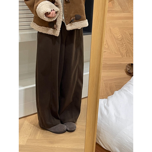 加绒宽松百搭慵懒休闲阔腿长裤 女冬季 裤 复古松紧高腰毛呢直筒工装