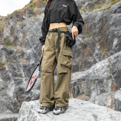 黑色户外登山裤女秋冬新款复古伞兵工装裤宽松松紧腰运动休闲长裤