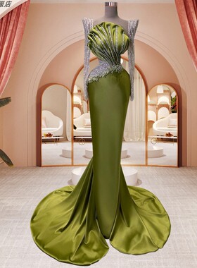 dress欧美时尚绿色修身缎面长袖晚装艺考舞台年会红毯走秀晚礼服