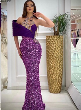 dress高定新款紫色单肩挂脖亮片独唱演出夜店长裙年会选美晚礼服