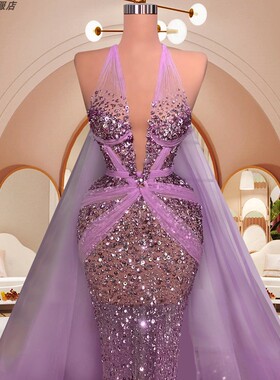 dress新款高定紫色透视亮片短款晚装年会独唱晚宴颁奖生日小礼服
