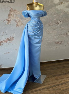 dress优雅蓝色气质女王一字肩缎面连衣裙生日演出聚会年会轻礼服