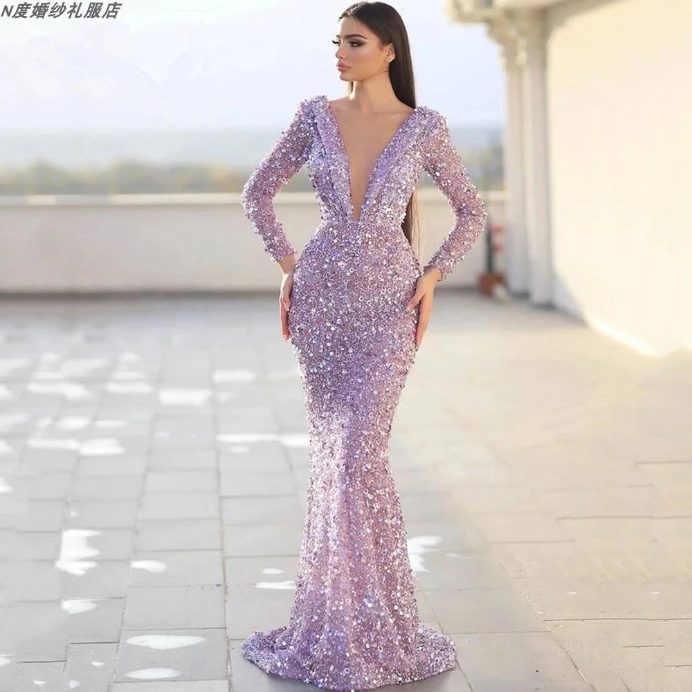 dress2022新款高定紫色长袖鱼尾长裙生日红毯颁奖独唱年会轻礼服