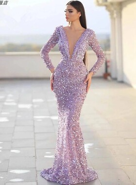 dress2022新款高定紫色长袖鱼尾长裙生日红毯颁奖独唱年会轻礼服