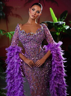 dress欧美紫色长袖亮片羽毛晚礼服主持人晚宴红毯走秀聚会连衣裙