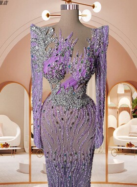 Dress高定新款优雅气质紫色长袖亮片连衣裙年会宴会表演红毯礼服