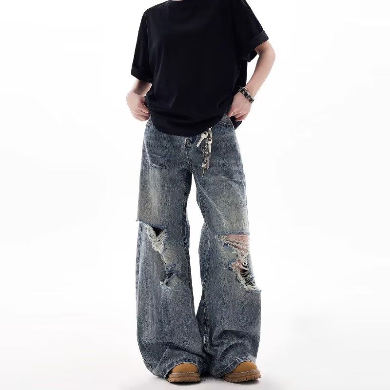 Mr Bense美式破洞牛仔裤男女复古破坏宽松水洗直筒阔腿裤拖地长裤