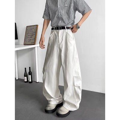 白色工装牛仔裤男款春秋季2025新款宽松阔腿直筒长裤潮牌高街裤子