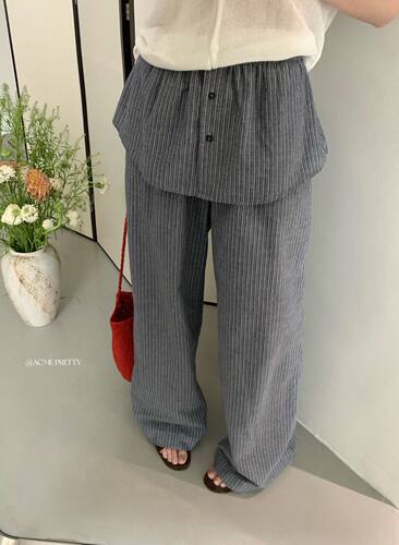 ACME PRETTY韩版高腰条纹休闲裤女带屁帘拼接宽松显瘦阔腿裤w363