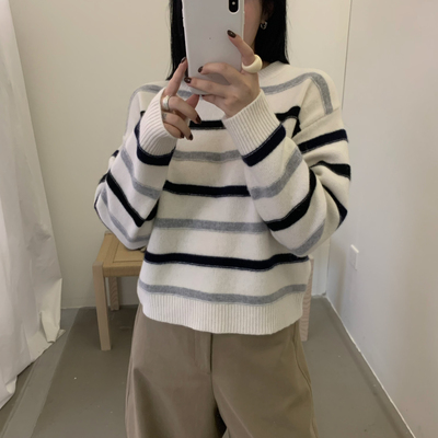 LOVELY冬季款上新️韩系简约基础百搭条纹套头全羊毛毛衣M3825