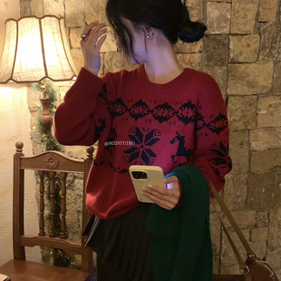 25213 MZI 含5羊毛 日圣诞氛围雪花麋鹿提花宽松软糯毛衣 STUDIO