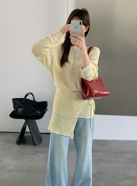 ULOUR/U粒-26年早春韩系氛围感叠穿镂空针织衫(配屁帘)8513