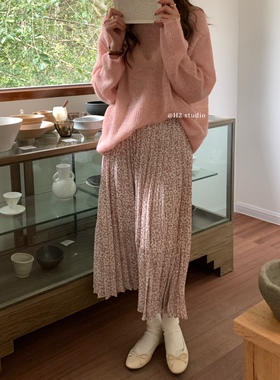 h2studio法式碎花半身裙女春新款小个子高腰显瘦百褶a字裙中长裙