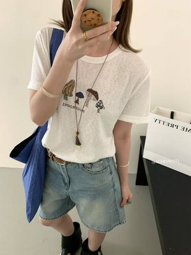 ACME PRETTY韩版夏百搭t恤宽松显瘦手绘蘑菇印花圆领短袖上衣803