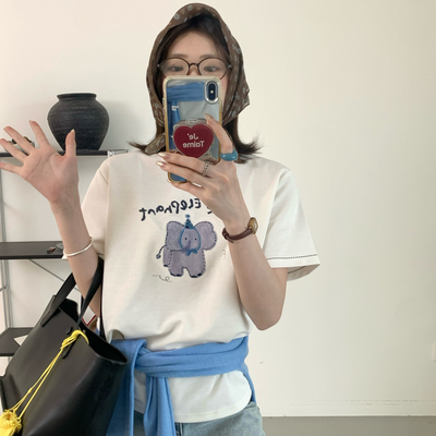 ACME PRETTY上新即开挂韩版百搭夏季刺绣大象印花短袖T恤上衣W236