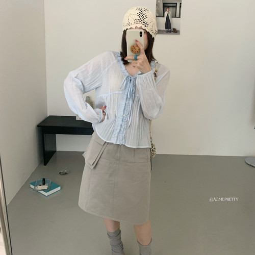 ACME PRETTY-新款莱塞尔质感超赞木耳边长袖纯色小衫W290