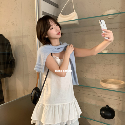 IMISS-蕾丝拼接叠穿棉麻吊带连衣裙(麻料有麻结麻点为正常)R20376