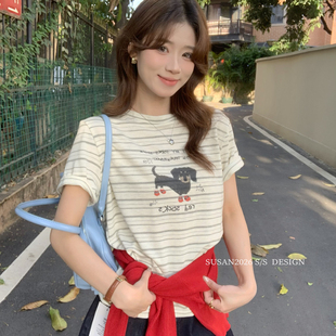 只卖短袖 T恤 si76 夏上新韩系慵懒通勤狗狗印花条纹短袖 SUSAN