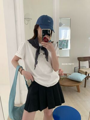 ACME PRETTY早春新款百搭韩系小熊卡通印花短袖T恤配波点丝巾E09