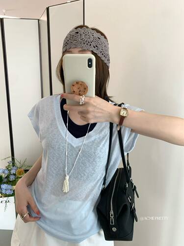 ACME PRETTY韩系夏百搭撞色拼接假两件背心V领飞袖T恤上衣女w570