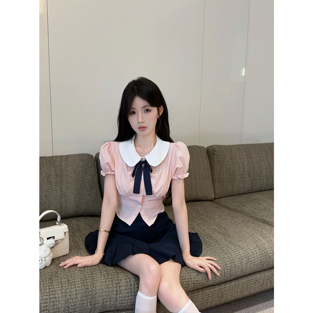 实拍实价 学院风jk制服辣妹套装女清新粉色衬衫百褶裙时尚两件套