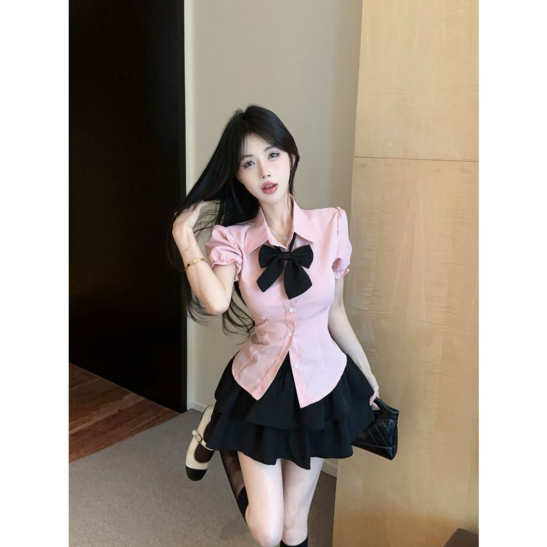 实拍实价 纯欲收腰衬衫jk制服高腰甜辣蓬蓬蛋糕短裙学院风套装女