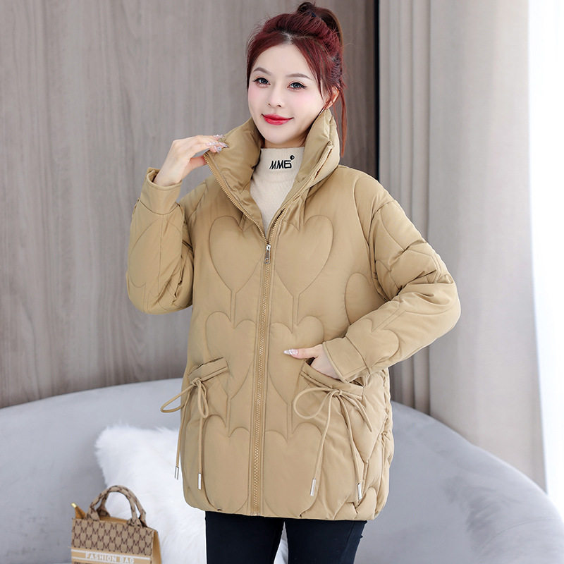 大码棉服女胖mm冬短款2024新品韩版时尚立领爱心压花宽松棉衣外套
