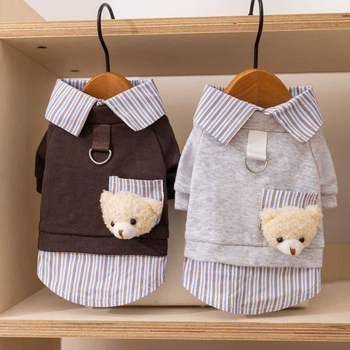 宠物衣服春秋薄款狗狗条纹翻领假两件卫衣秋冬可爱小熊公仔两脚衣