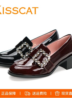 KISSCAT接吻猫2026新款方钻繁花乐福鞋真皮厚底舒软小皮鞋女单鞋