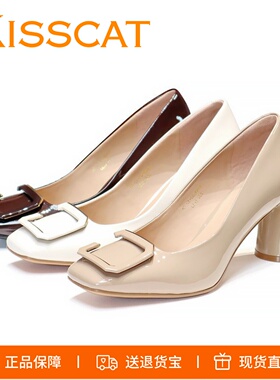 KISSCAT接吻猫2025新款亮漆牛皮方头粗高跟方扣女单鞋KA43522-12