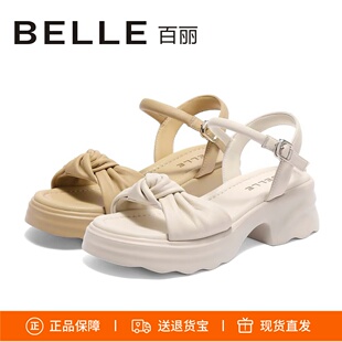 女D6M1D 羊皮舒适一字带沙滩凉鞋 特价 BELLE百丽2025夏厚底休闲凉鞋