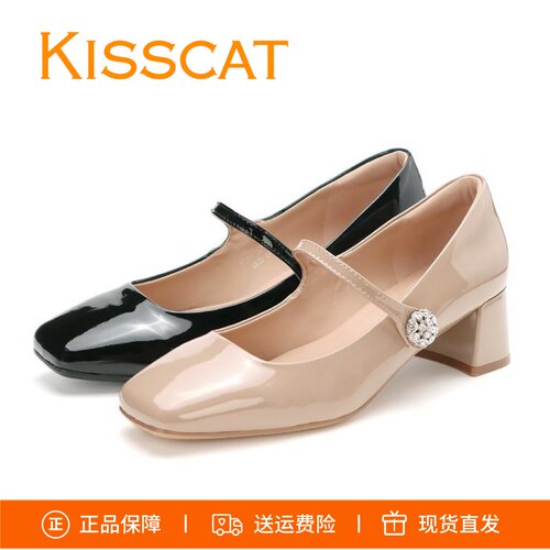 接吻猫粗跟牛漆皮单鞋KA65129-10