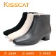 KISSCAT接吻猫2025真皮粗跟方头黑色侧拉链时装 靴短靴踝靴女鞋 子