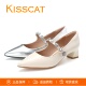 羊皮一字带浅口单鞋 KISSCAT接吻猫2026新款 银色尖头粗跟玛丽珍鞋